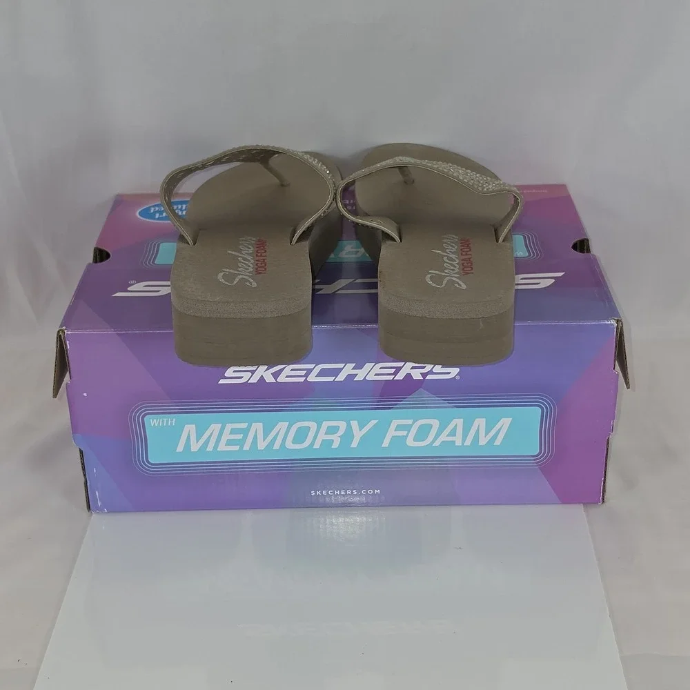 Skechers Yoga Foam Women's Size 10 Taupe Rhinestone Wedge Flip Flop Sandals